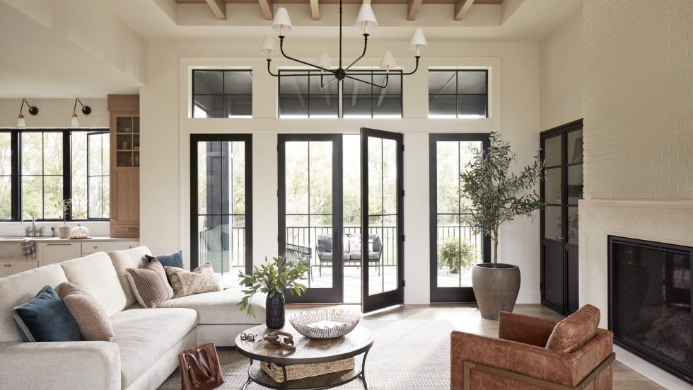 black hinged glass doors in a beige living room