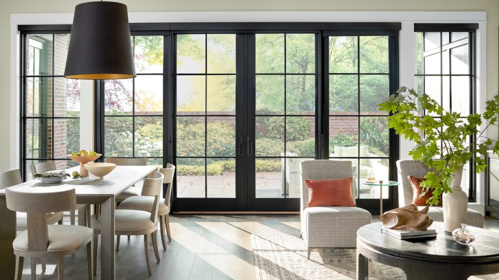 large glass doors in bright kitchen