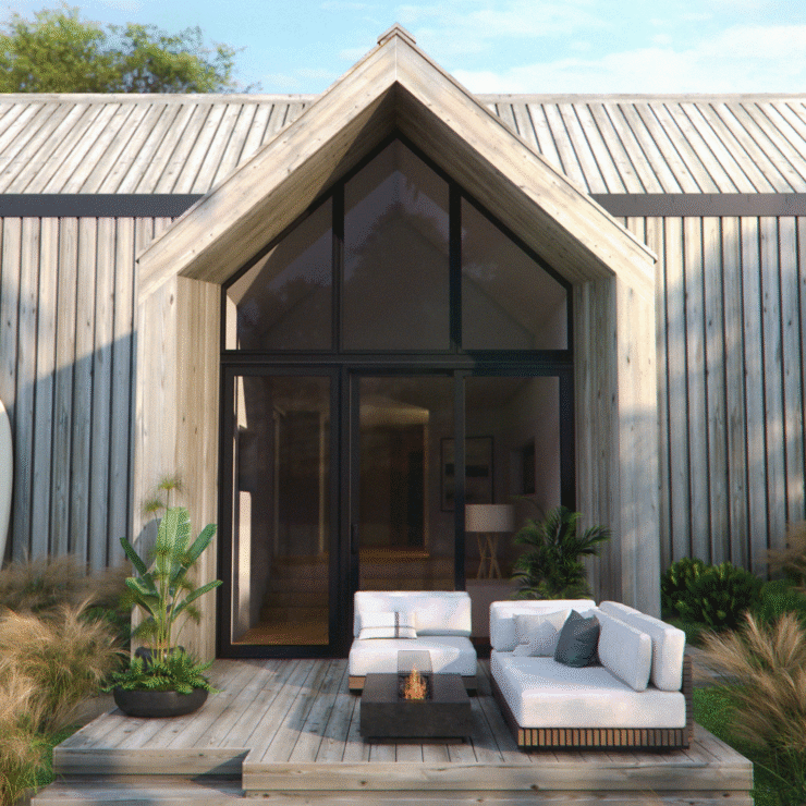 Beachfront cabin style home with large Pella 250 Series windows