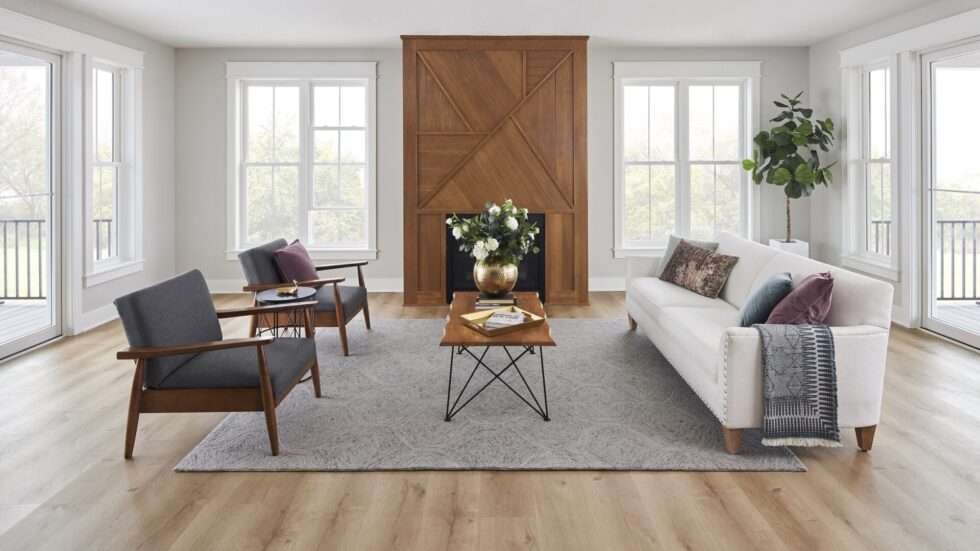 Warm living room with Pella vinyl windows