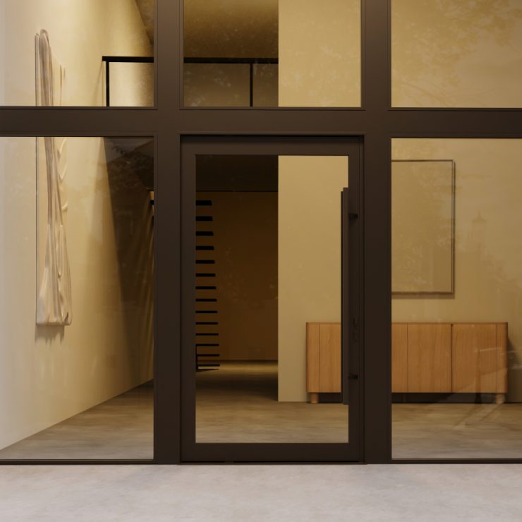 Sleek aluminum door with large glass panels inviting natural light into a modern space.