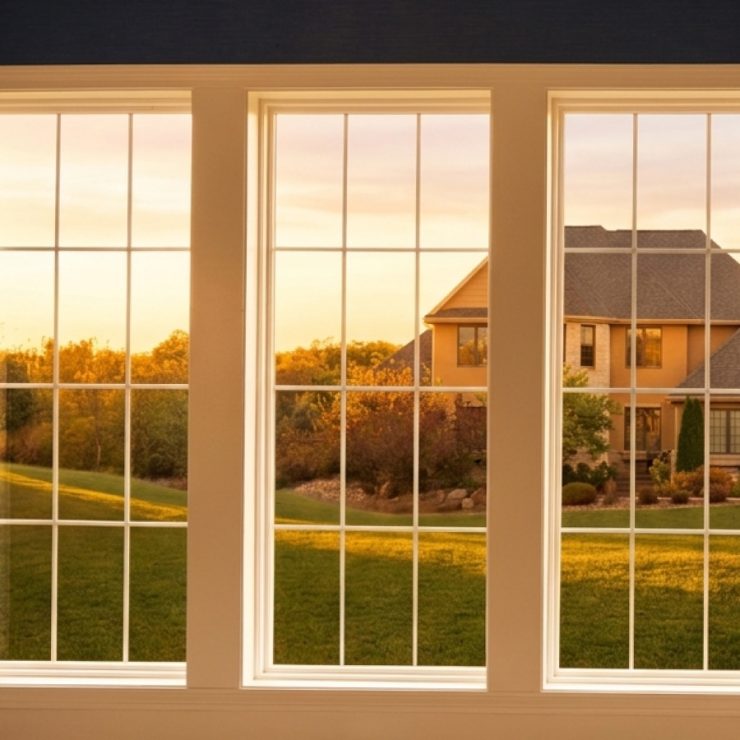 Warm sunset view through triple windows showcasing a peaceful neighborhood and lush greenery.