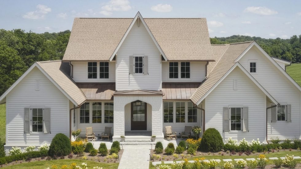 Spacious white farmhouse with large windows, inviting porch, and lush greenery surrounding the home
