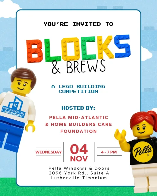 Join Pella Mid⁠-⁠Atlantic and the Home Builders Care Foundation for Blocks & Brews at our Timonium showroom! Grab a drink, connect with fellow industry professionals and put your LEGO-building skills to the test.

RSVP using the QR code or follow the link in our bio!

@homebuilderscaremaryland #PellaMidAtlantic